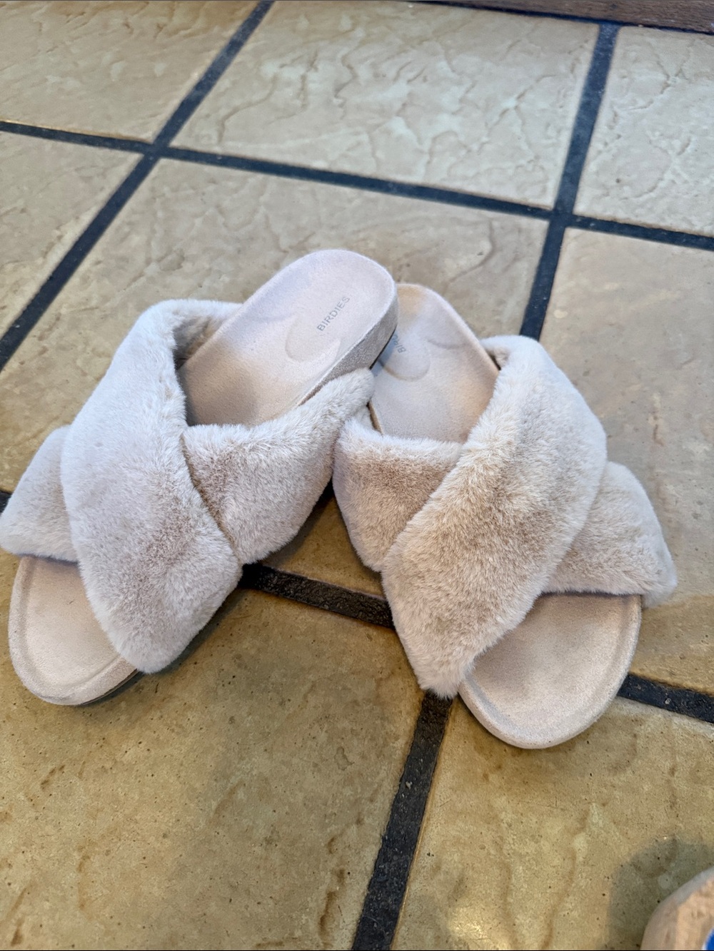 Birdies Plush Cross-Band Slide Sandals - Light Beige